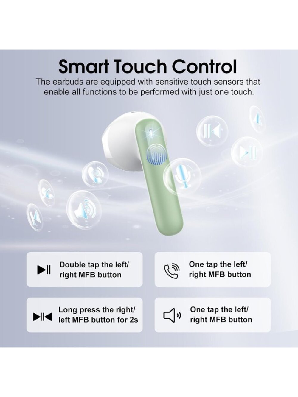 Wireless Green 40H Playtime 4 ENC Noise Cancelling Mic Bluetooth 5.4 Earbud - Picture 5 of 7